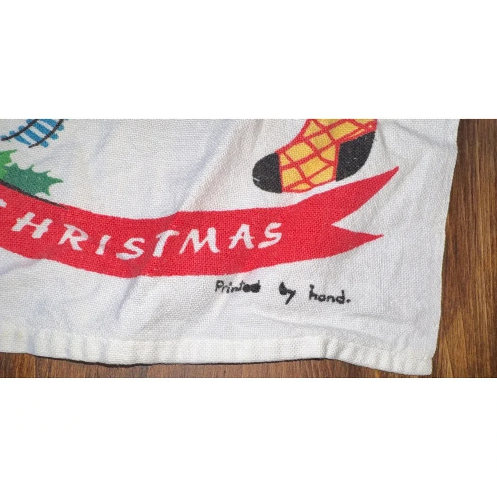 Christmas Tree Linen Tea Towel Train Toys Kitchen Green Red Vintage 1953 Smith